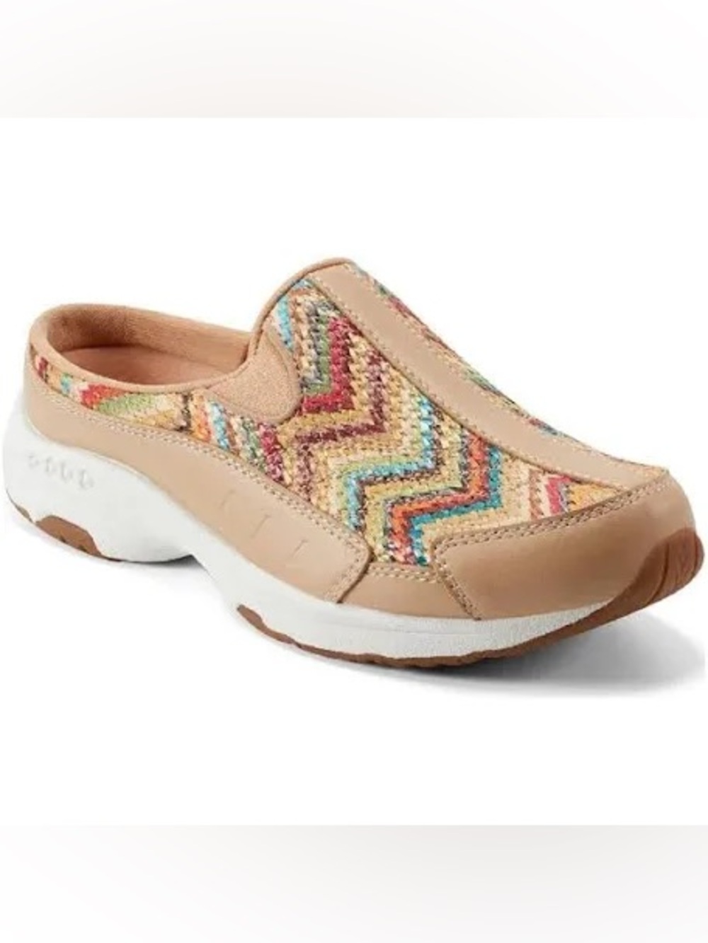 Easy Spirit Comfort Slip-On Mule in Tan with Multicolor Chevron. 6W
